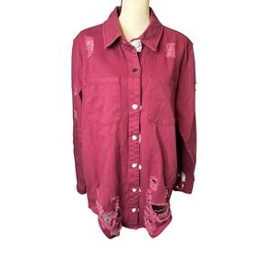 American Bazi Womens 1X Plum Purple Distressed Denim Jacket Shacket